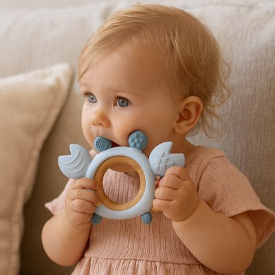 Anneau de Dentition Crabe – Silicone Alimentaire & Bois Naturel Bébé 3‑24 mois | Sans BPA, Écoresponsable - Mon Premier Jouet