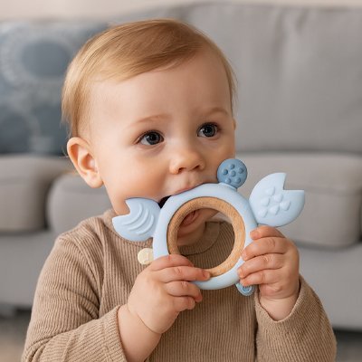 Anneau de Dentition Crabe – Silicone Alimentaire & Bois Naturel Bébé 3‑24 mois | Sans BPA, Écoresponsable - Mon Premier Jouet