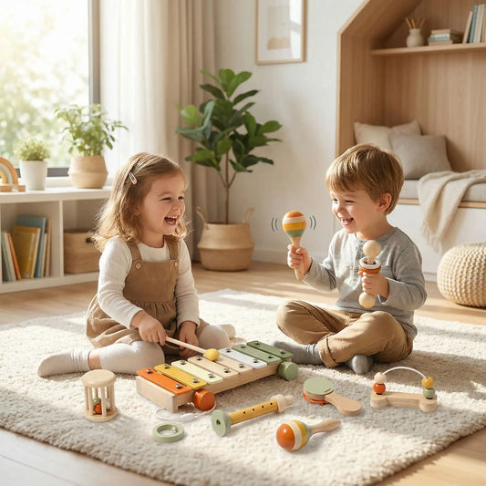 Hochet Bébé | Kit 7 pièces d’instruments en bois Montessori