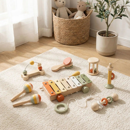 Hochet Bébé | Kit 7 pièces d’instruments en bois Montessori - Mon Premier Jouet