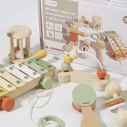 Hochet Bébé | Kit 7 pièces d’instruments en bois Montessori
