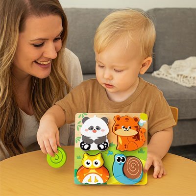 Puzzle Bois 3D pour Enfants – Éveil Sensoriel et Motricité Fine | Animaux Colorés 4-en-1