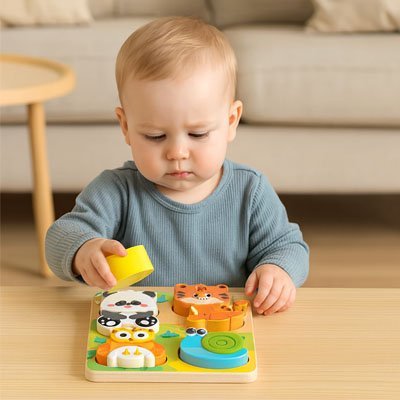 Puzzle Bois 3D pour Enfants – Éveil Sensoriel et Motricité Fine | Animaux Colorés 4-en-1