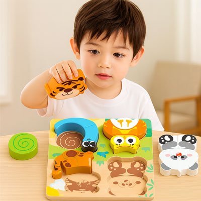 Puzzle Bois 3D pour Enfants – Éveil Sensoriel et Motricité Fine | Animaux Colorés 4-en-1