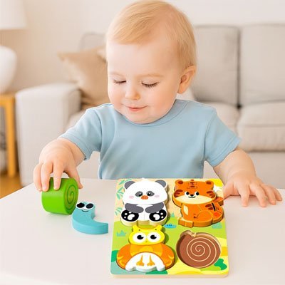 Puzzle Bois 3D pour Enfants – Éveil Sensoriel et Motricité Fine | Animaux Colorés 4-en-1