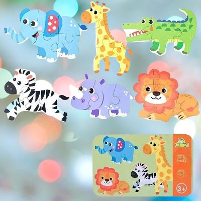 Puzzle Montessori 6‑en‑1 – Animaux Sauvages | Jouet Éducatif en Bois Naturel dès 2 ans